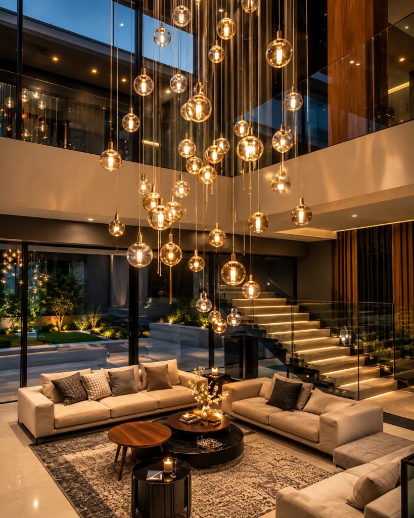 Luxury residence lit by Glow Home chandeliers and ambient lighting